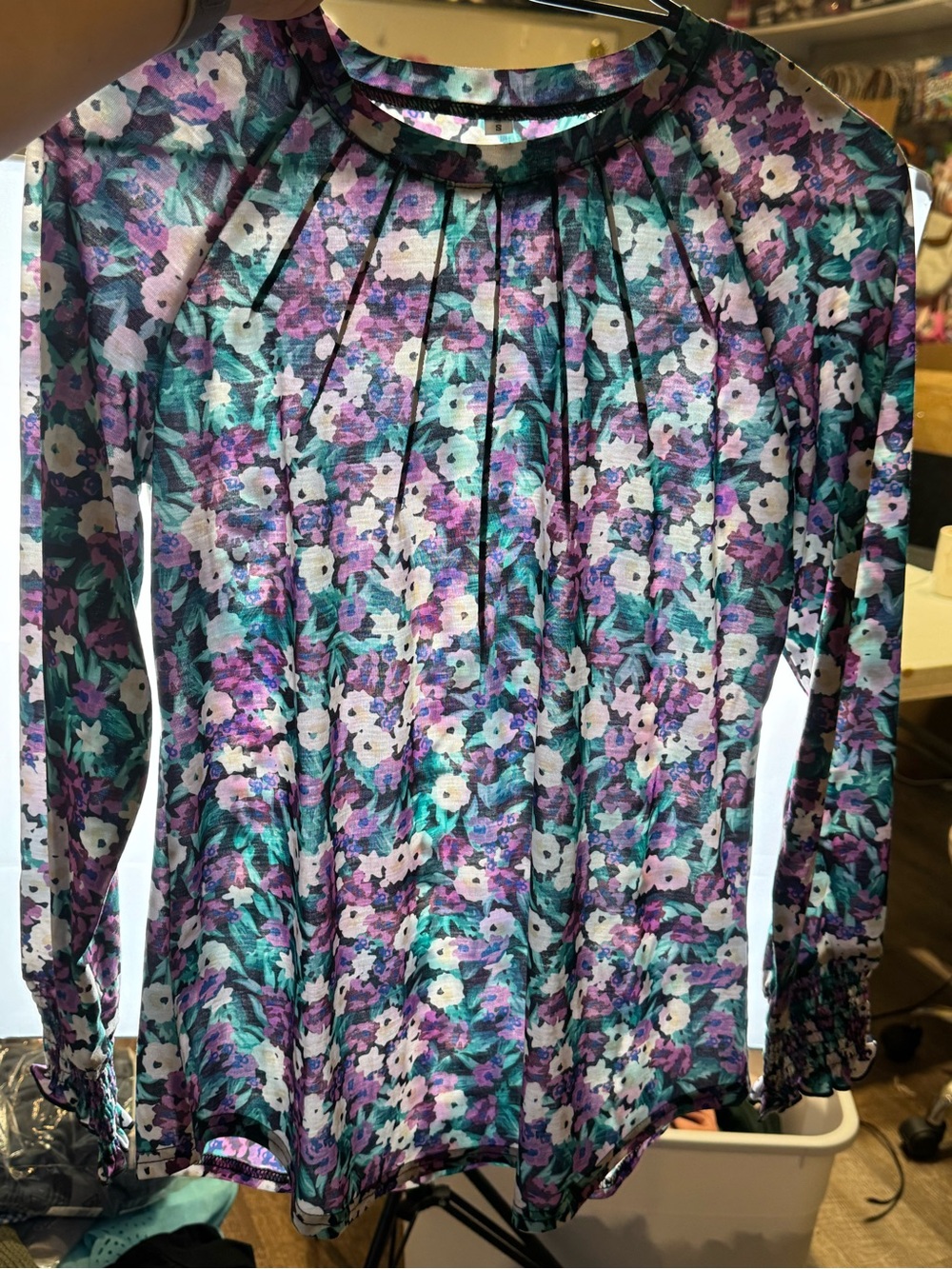 size small Floral Pleated Long-Sleeve Blouse in Purple & Teal
